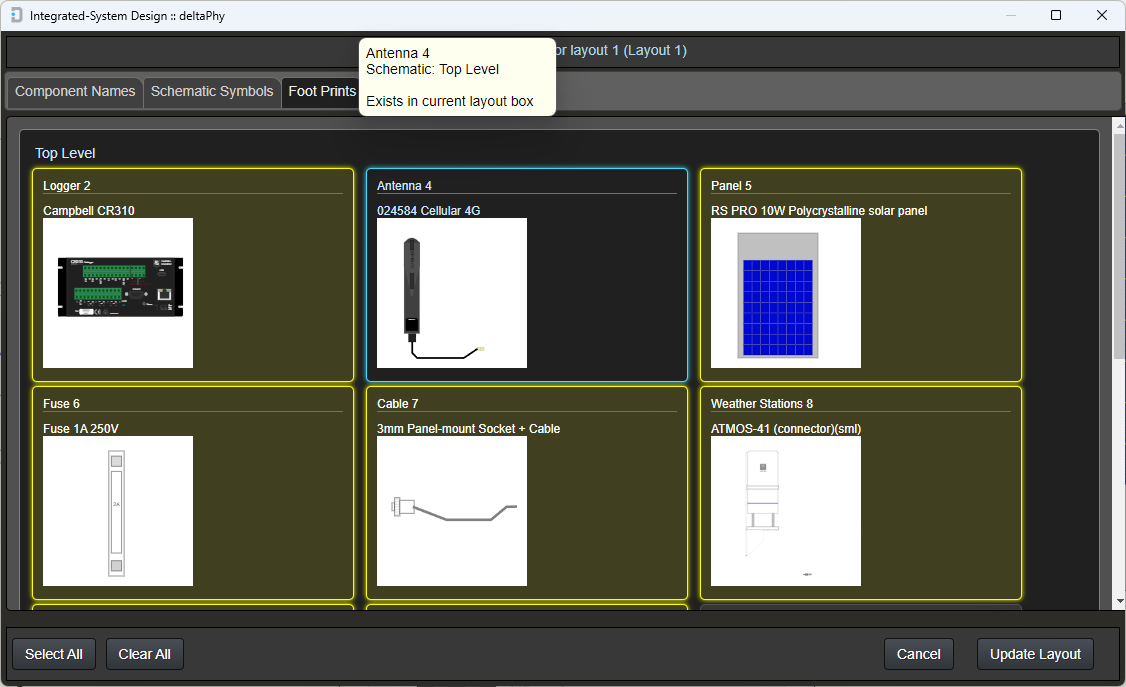Layout Editor parts picker dialog