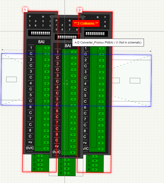 Layout editor showing collisions between din rail mounted components and a to-be-mounted component.