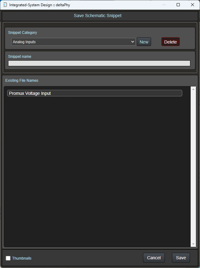 save-as snippets dialog with thumbnails