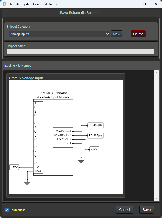 save-as snippets dialog with thumbnails