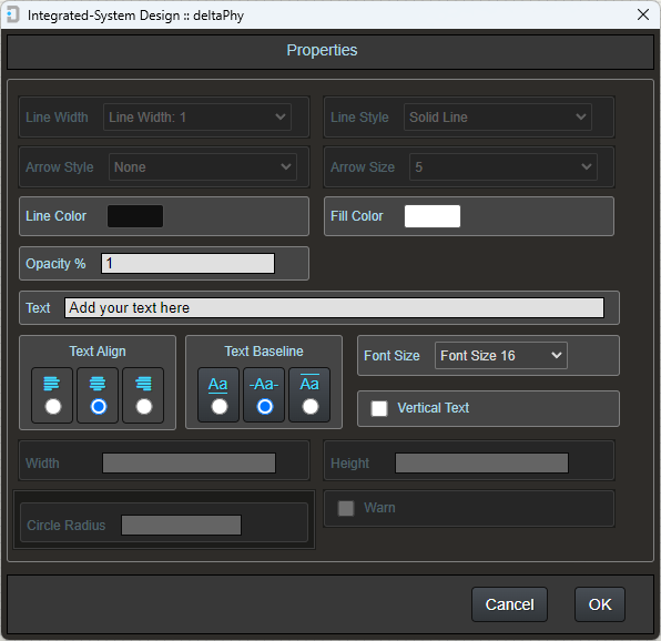 example properties dialog that opens when creating a text object